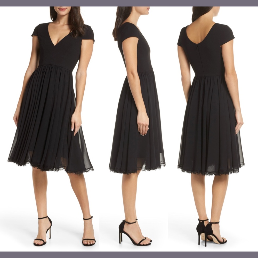 NEW‎ Dress the Population [ Large ] Corey Chiffon Fit Flare Dress Black